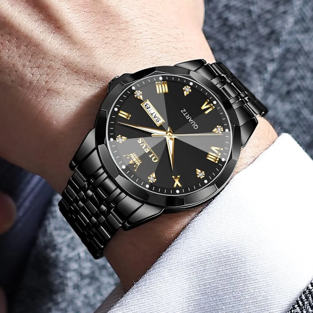 OLEVS Watch for Men Diamond Business Dress Analog Quartz Stainless Steel Waterproof Luminous Date Two Tone Luxury Casual Wrist Watch