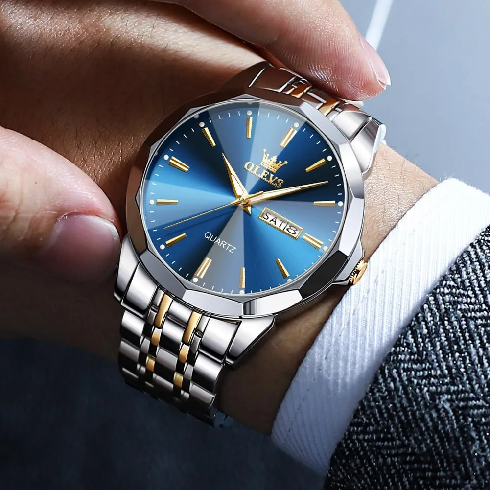 OLEVS Watch for Men Diamond Business Dress Analog Quartz Stainless Steel Waterproof Luminous Date Two Tone Luxury Casual Wrist Watch