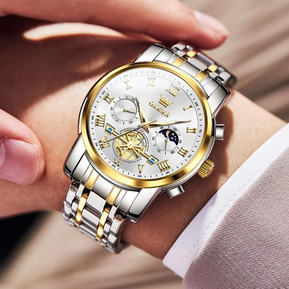 OLEVS Watch for Men, Fashion Dress Mens Watches, Stainless Steel Waterproof Analog Quartz Wristwatch, Elegant Gifts for Him - Dad & Boyfriend
