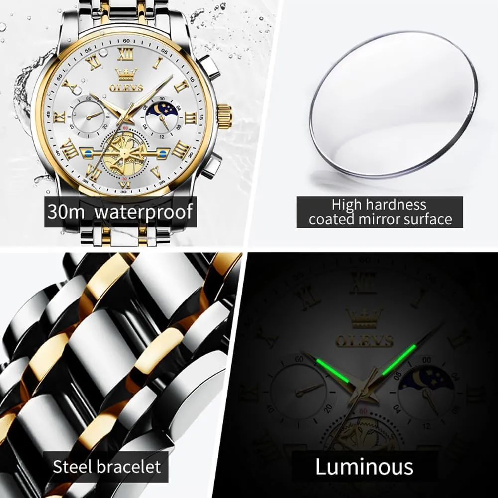 OLEVS Watch for Men, Fashion Dress Mens Watches, Stainless Steel Waterproof Analog Quartz Wristwatch, Elegant Gifts for Him - Dad & Boyfriend