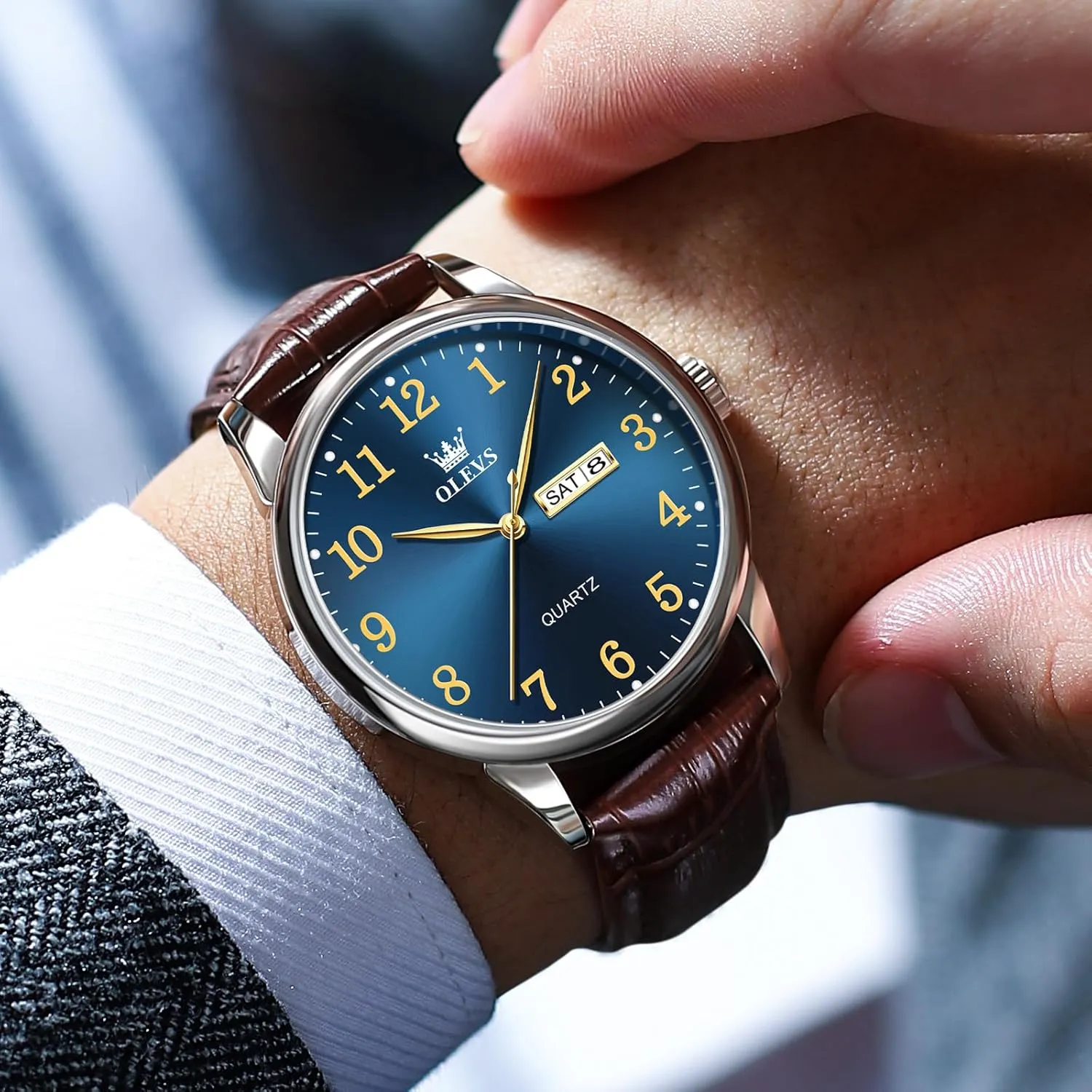 OLEVS Watch Men Mens Watches Watches for Men Leather Band Classic Brown Leather Watch Men, Analog Watch Men, Black Mens Leather Watch, Dress Waterproof Large Face Mens Watch,Relojes para Hombres Watch
