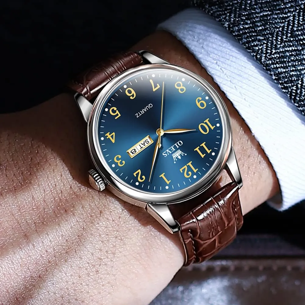 OLEVS Watch Men Mens Watches Watches for Men Leather Band Classic Brown Leather Watch Men, Analog Watch Men, Black Mens Leather Watch, Dress Waterproof Large Face Mens Watch,Relojes para Hombres Watch