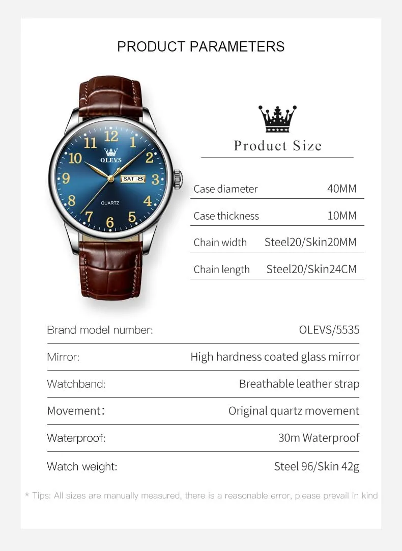 OLEVS Watch Men Mens Watches Watches for Men Leather Band Classic Brown Leather Watch Men, Analog Watch Men, Black Mens Leather Watch, Dress Waterproof Large Face Mens Watch,Relojes para Hombres Watch