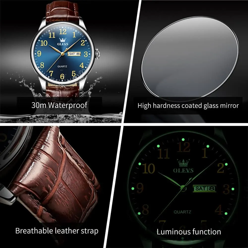 OLEVS Watch Men Mens Watches Watches for Men Leather Band Classic Brown Leather Watch Men, Analog Watch Men, Black Mens Leather Watch, Dress Waterproof Large Face Mens Watch,Relojes para Hombres Watch