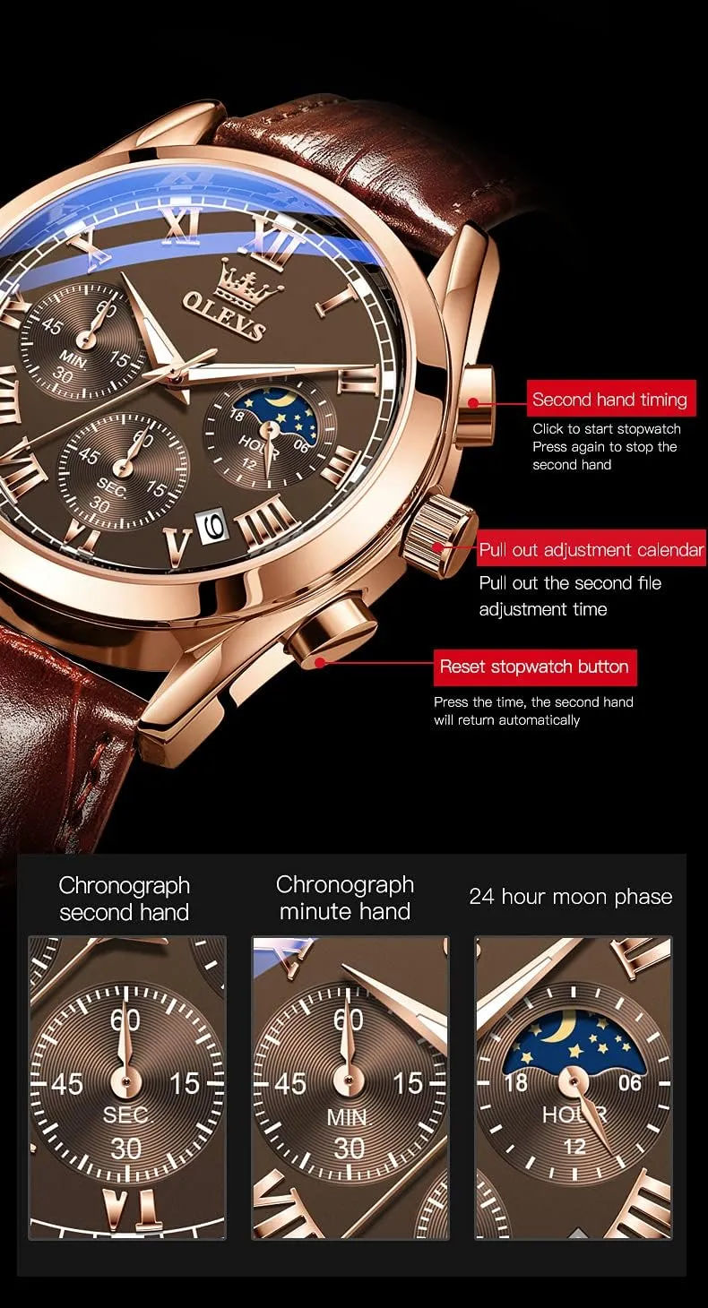 OLEVS Watches for Men Brown Leather Gold Case Analog Quartz Fashion Business Dress Watch Day Date Luminous Waterproof Casual Male Wrist Watches