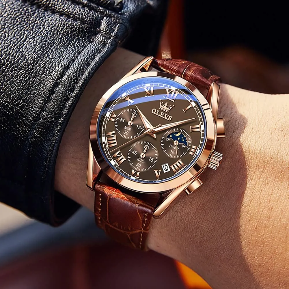 OLEVS Watches for Men Brown Leather Gold Case Analog Quartz Fashion Business Dress Watch Day Date Luminous Waterproof Casual Male Wrist Watches