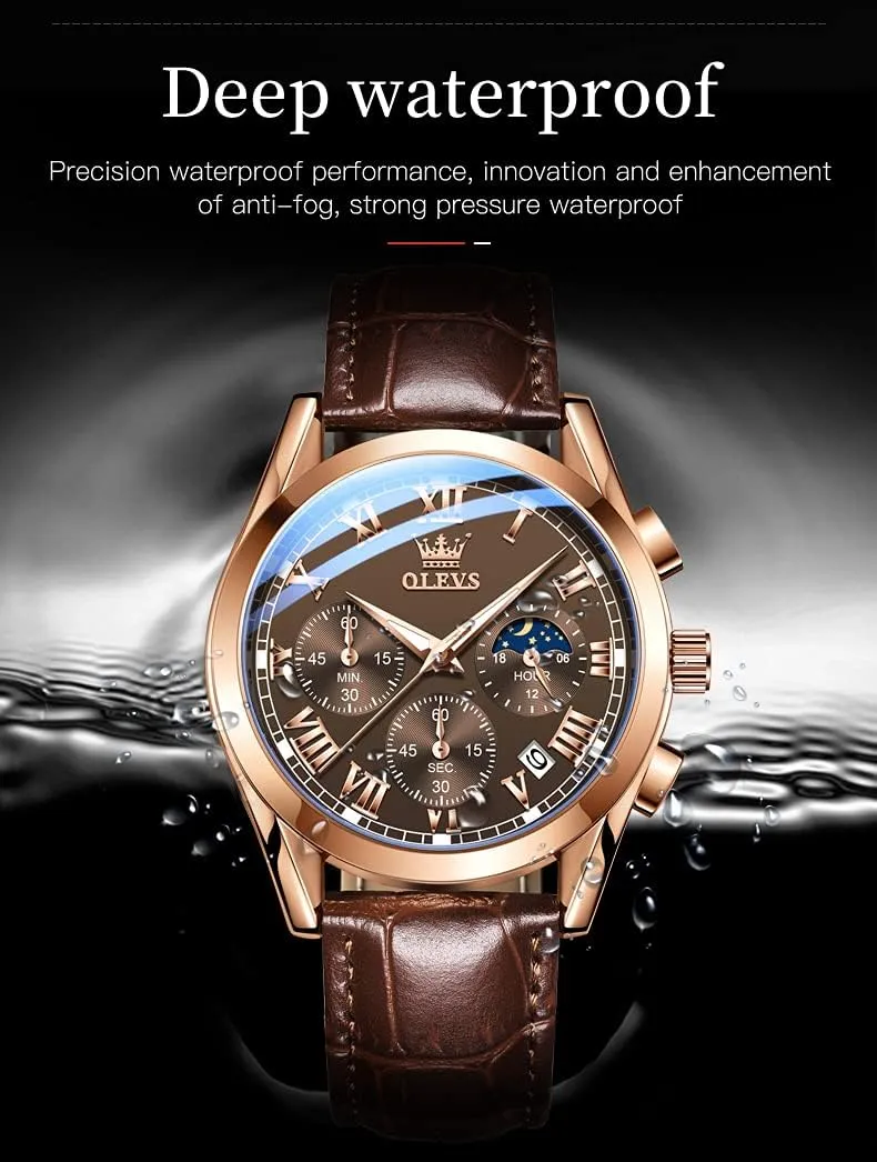 OLEVS Watches for Men Brown Leather Gold Case Analog Quartz Fashion Business Dress Watch Day Date Luminous Waterproof Casual Male Wrist Watches