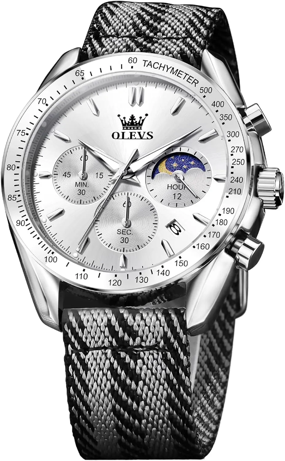 OLEVS Watches for Men Casual Luxury Large Face Multifunctional Chronograph Men's Watches Durable Silicone/Nylon Strap 30ATM Waterproof Men Watch Date Moon Phase Analog Quartz Watch Reloj para Hombre