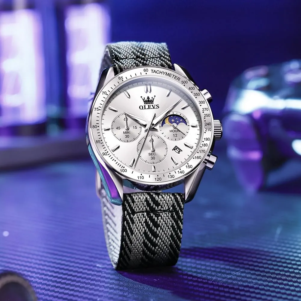 OLEVS Watches for Men Casual Luxury Large Face Multifunctional Chronograph Men's Watches Durable Silicone/Nylon Strap 30ATM Waterproof Men Watch Date Moon Phase Analog Quartz Watch Reloj para Hombre