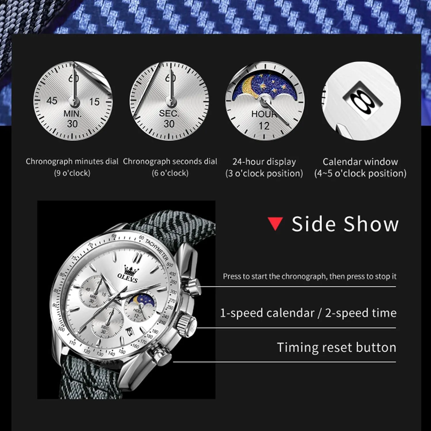 OLEVS Watches for Men Casual Luxury Large Face Multifunctional Chronograph Men's Watches Durable Silicone/Nylon Strap 30ATM Waterproof Men Watch Date Moon Phase Analog Quartz Watch Reloj para Hombre