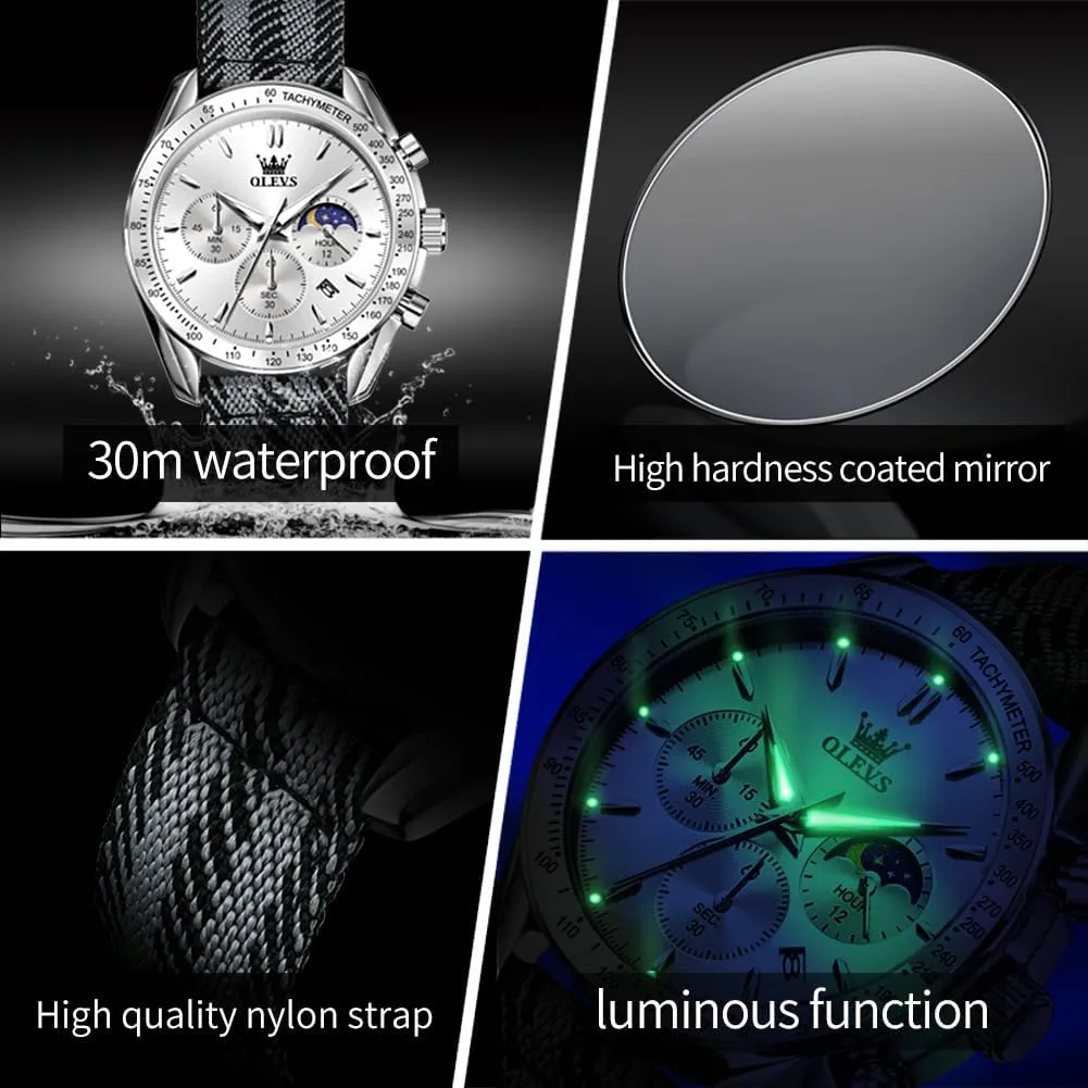 OLEVS Watches for Men Casual Luxury Large Face Multifunctional Chronograph Men's Watches Durable Silicone/Nylon Strap 30ATM Waterproof Men Watch Date Moon Phase Analog Quartz Watch Reloj para Hombre