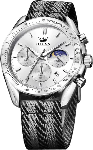 OLEVS Watches for Men Casual Luxury Large Face Multifunctional Chronograph Men's Watches Durable Silicone/Nylon Strap 30ATM Waterproof Men Watch Date Moon Phase Analog Quartz Watch Reloj para Hombre