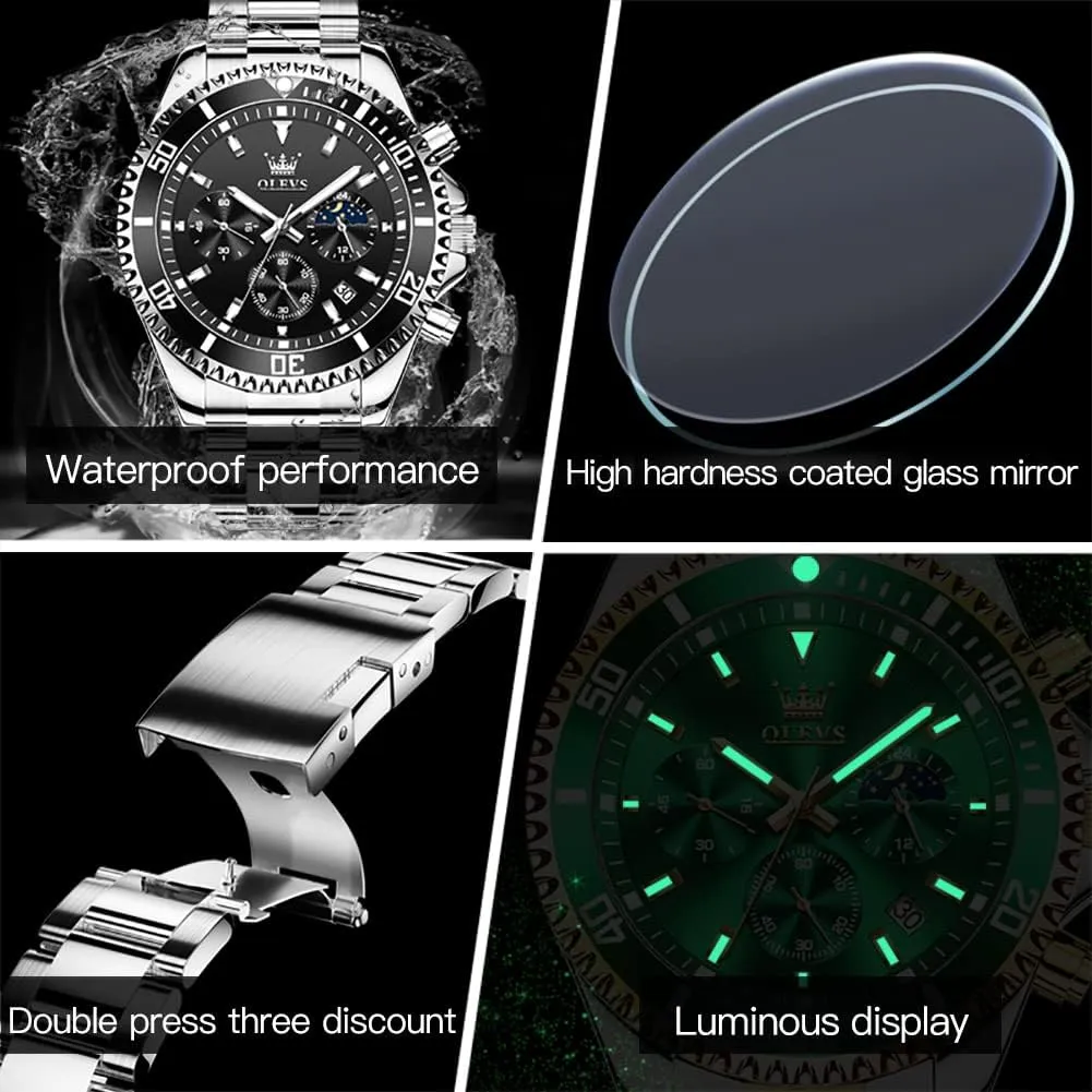 OLEVS Watches for Men Classic with Date Business Dress Luxury Big Face Green/Black/Blue Waterproof Luminous Mens Wrist Watch Analog Two Tone Stainless Steel Men Watch