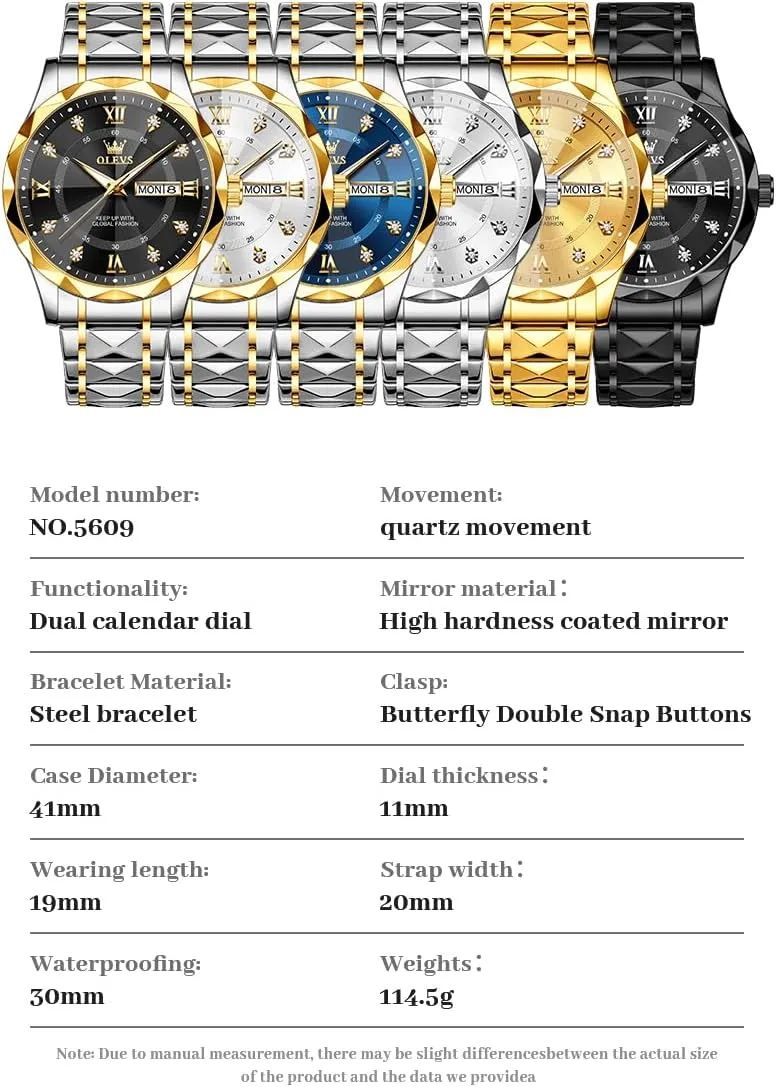 OLEVS Watches for Men Luxury Diamond Casual Large Dial Watches Stainless Steel Waterproof Business Dress Analog Luminous Date Mens Watches