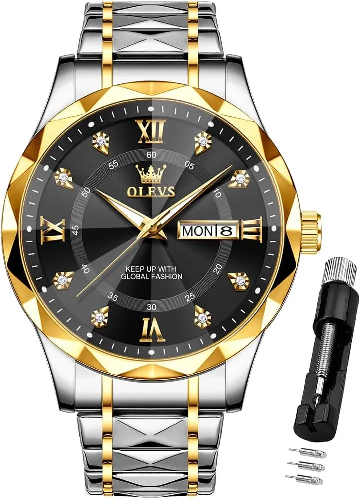 OLEVS Watches for Men Luxury Diamond Casual Large Dial Watches Stainless Steel Waterproof Business Dress Analog Luminous Date Mens Watches