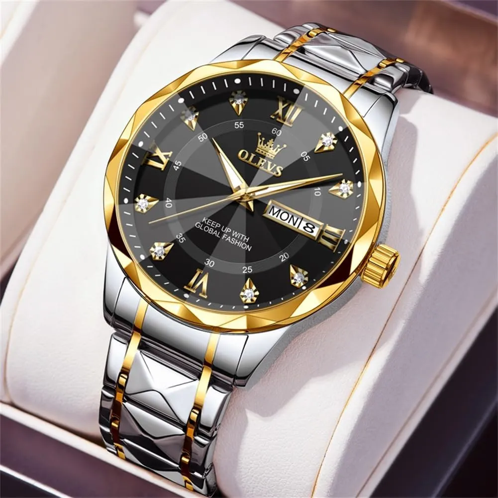 OLEVS Watches for Men Luxury Diamond Casual Large Dial Watches Stainless Steel Waterproof Business Dress Analog Luminous Date Mens Watches