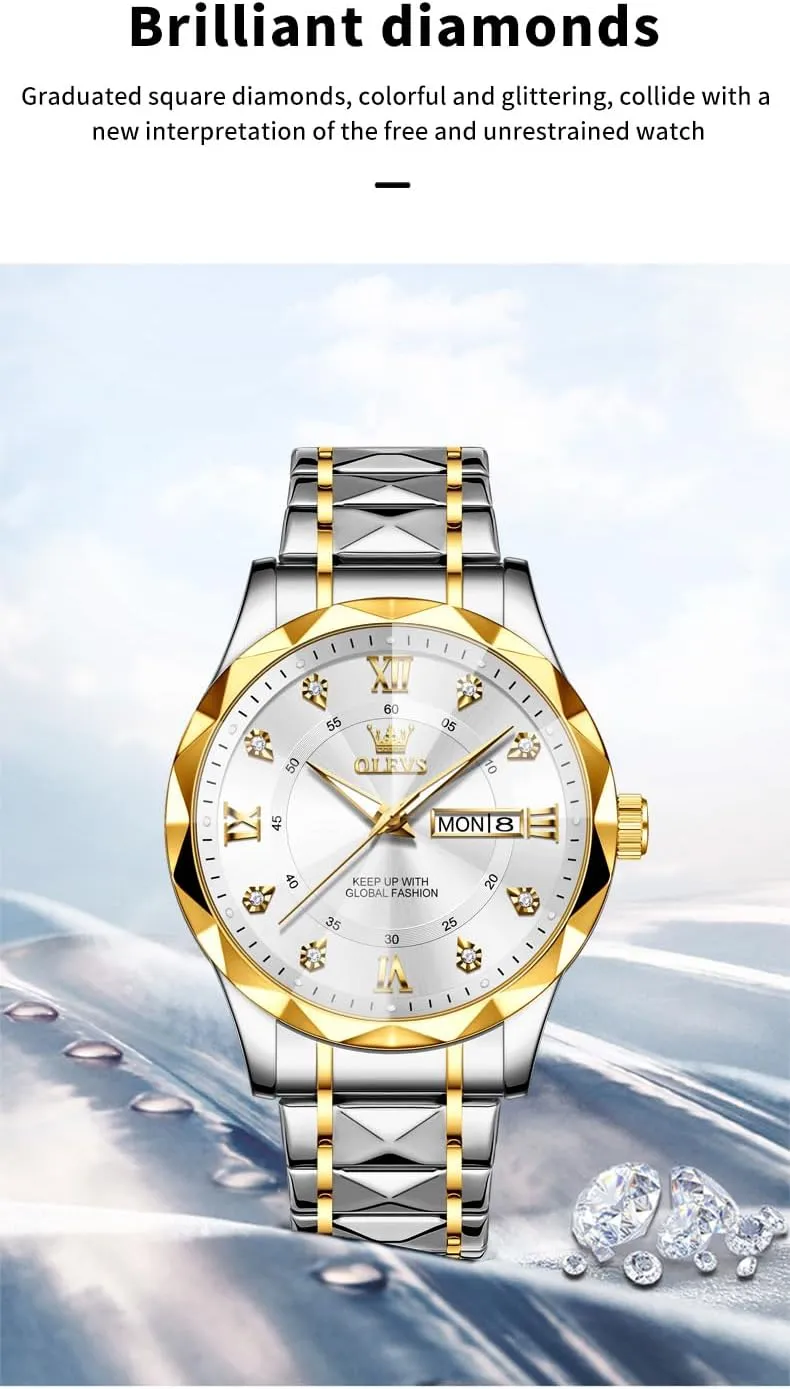 OLEVS Watches for Men Luxury Diamond Casual Large Dial Watches Stainless Steel Waterproof Business Dress Analog Luminous Date Mens Watches