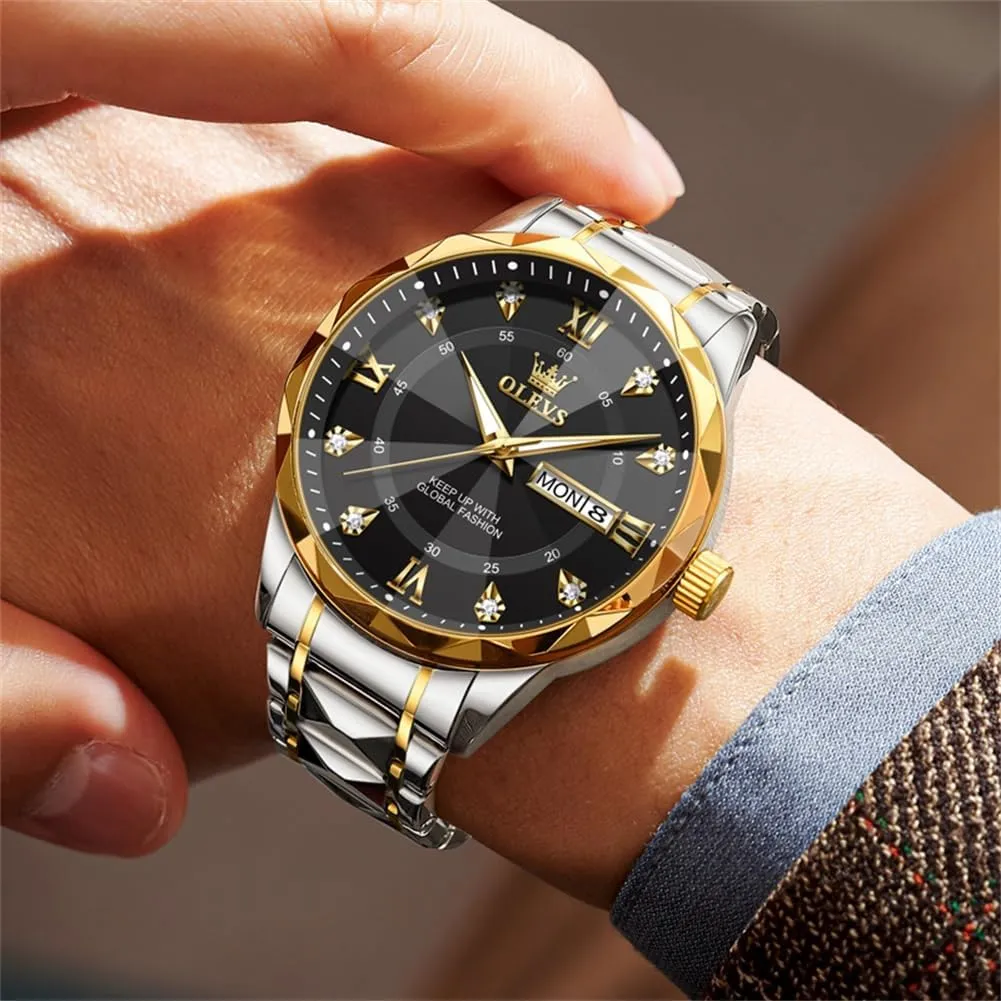 OLEVS Watches for Men Luxury Diamond Casual Large Dial Watches Stainless Steel Waterproof Business Dress Analog Luminous Date Mens Watches