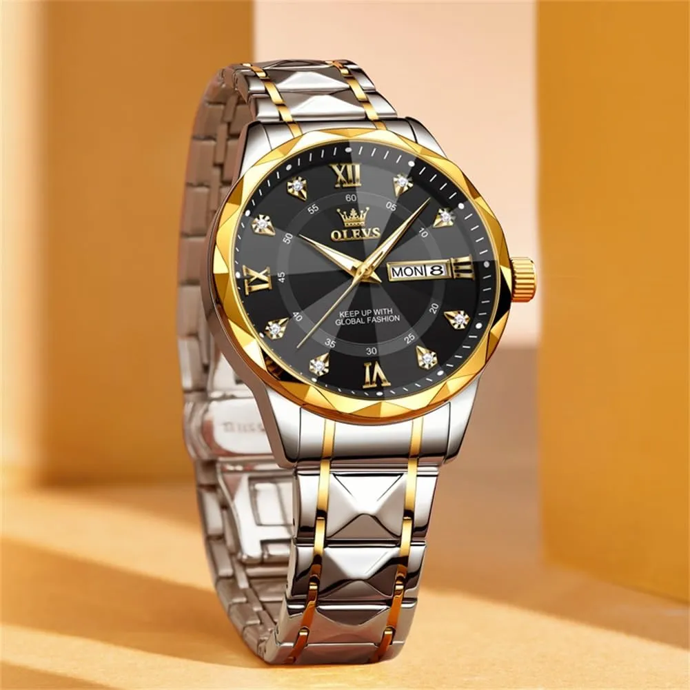 OLEVS Watches for Men Luxury Diamond Casual Large Dial Watches Stainless Steel Waterproof Business Dress Analog Luminous Date Mens Watches