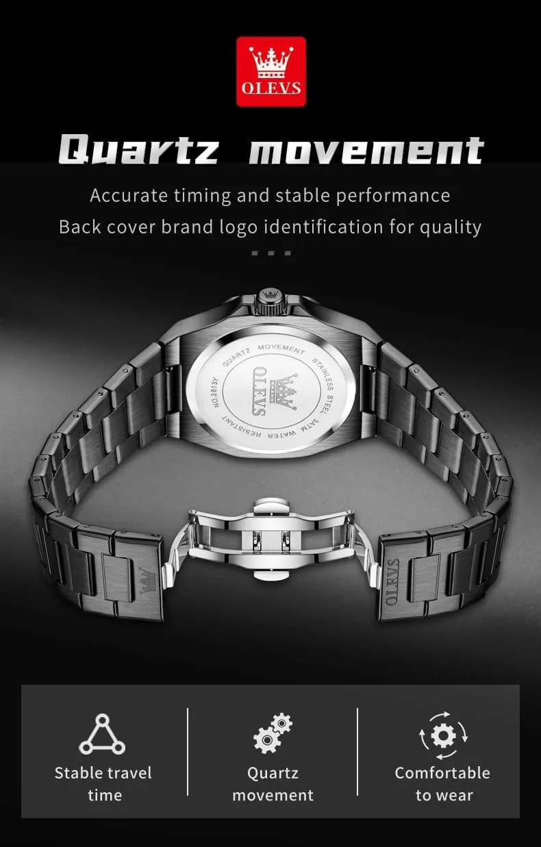 OLEVS Watches for Men Stainless Steel Business Dress Large Easy to Read Analog Watch Waterproof Luminous Casual Luxury Men Watch