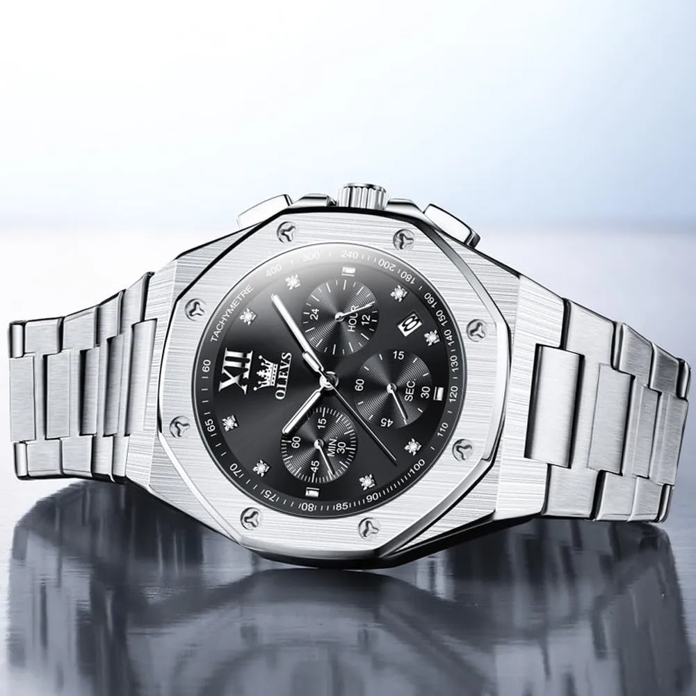 OLEVS Watches for Men Stainless Steel Business Dress Large Easy to Read Analog Watch Waterproof Luminous Casual Luxury Men Watch