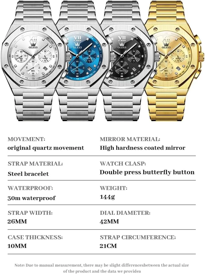 OLEVS Watches for Men Stainless Steel Business Dress Large Easy to Read Analog Watch Waterproof Luminous Casual Luxury Men Watch