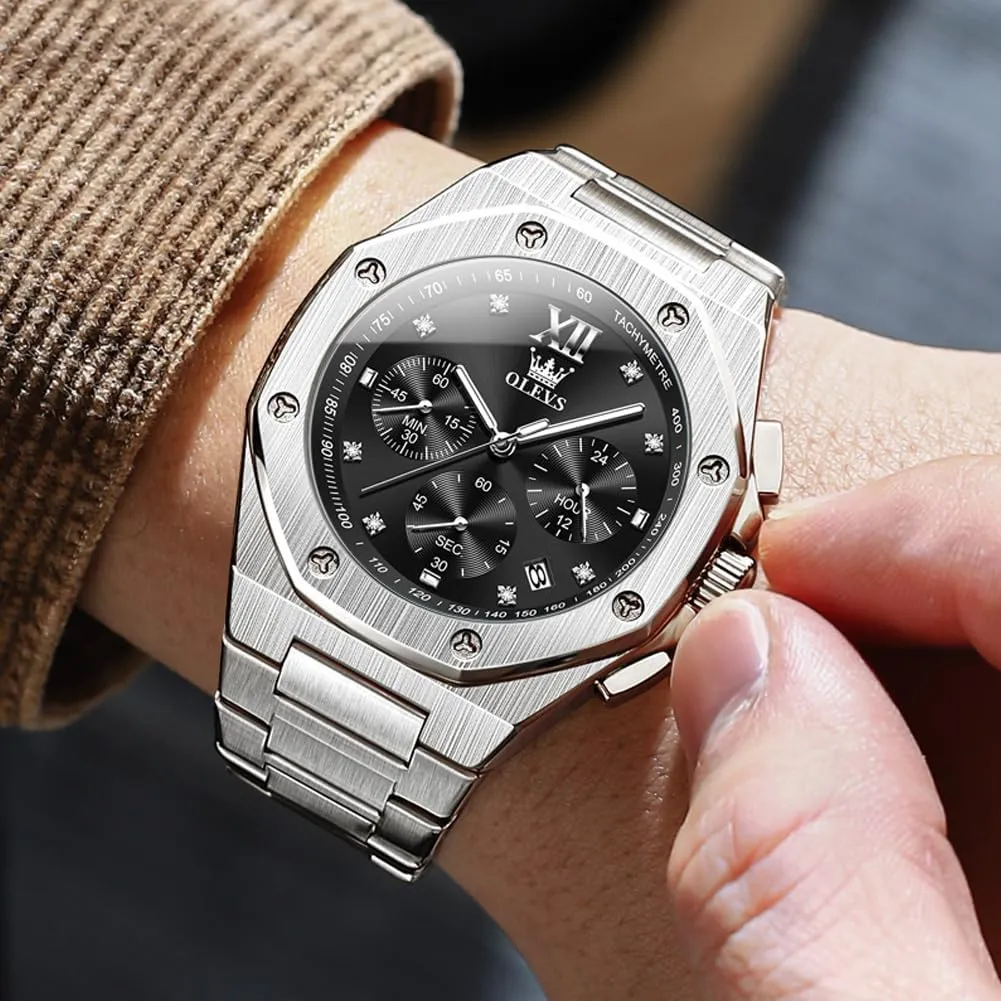 OLEVS Watches for Men Stainless Steel Business Dress Large Easy to Read Analog Watch Waterproof Luminous Casual Luxury Men Watch
