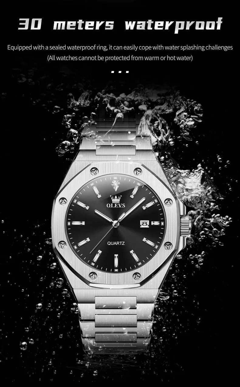 OLEVS Watches for Men Stainless Steel Business Dress Large Easy to Read Analog Watch Waterproof Luminous Casual Luxury Men Watch