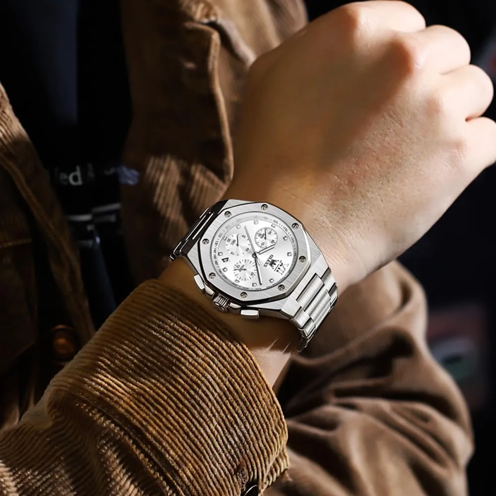 OLEVS Watches for Men Stainless Steel Business Dress Large Easy to Read Analog Watch Waterproof Luminous Casual Luxury Men Watch