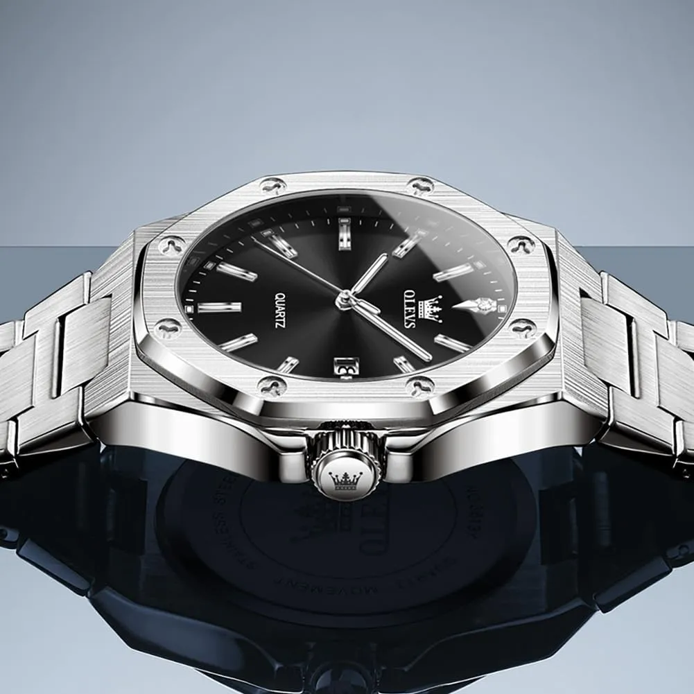 OLEVS Watches for Men Stainless Steel Business Dress Large Easy to Read Analog Watch Waterproof Luminous Casual Luxury Men Watch