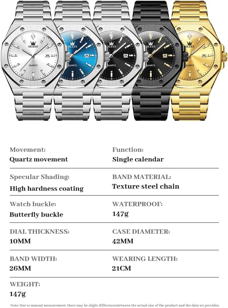OLEVS Watches for Men Stainless Steel Business Dress Large Easy to Read Analog Watch Waterproof Luminous Casual Luxury Men Watch