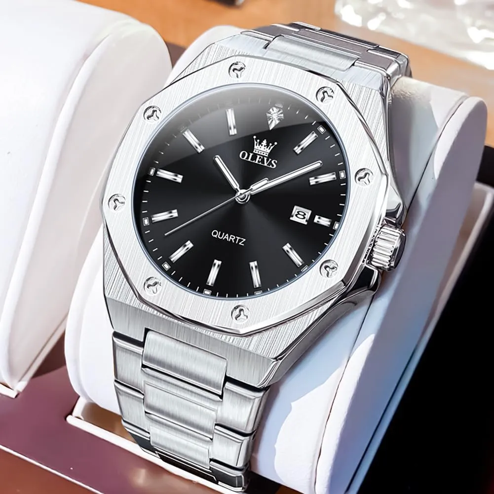 OLEVS Watches for Men Stainless Steel Business Dress Large Easy to Read Analog Watch Waterproof Luminous Casual Luxury Men Watch