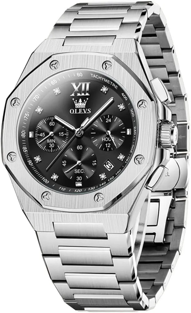 OLEVS Watches for Men Stainless Steel Business Dress Large Easy to Read Analog Watch Waterproof Luminous Casual Luxury Men Watch