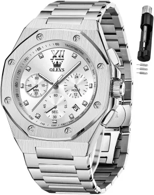 OLEVS Watches for Men Stainless Steel Business Dress Large Easy to Read Analog Watch Waterproof Luminous Casual Luxury Men Watch