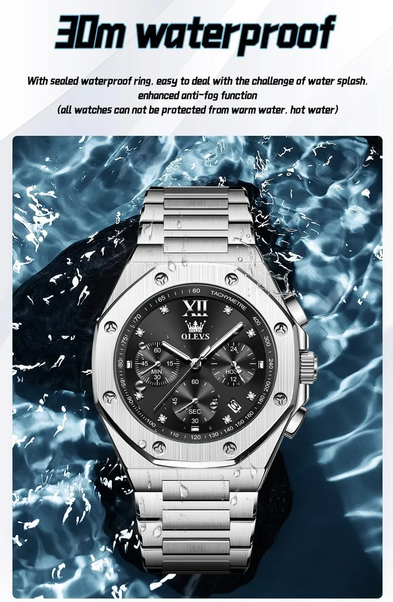 OLEVS Watches for Men Stainless Steel Business Dress Large Easy to Read Analog Watch Waterproof Luminous Casual Luxury Men Watch