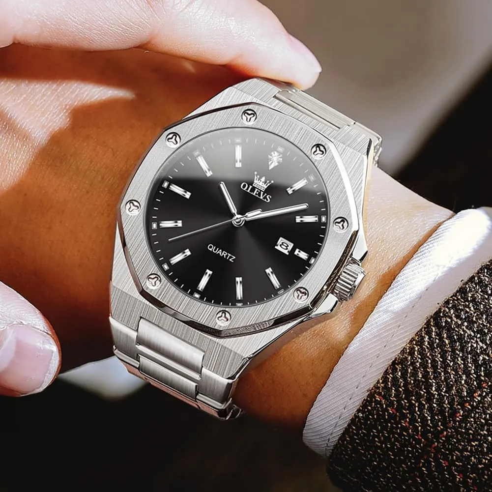 OLEVS Watches for Men Stainless Steel Business Dress Large Easy to Read Analog Watch Waterproof Luminous Casual Luxury Men Watch