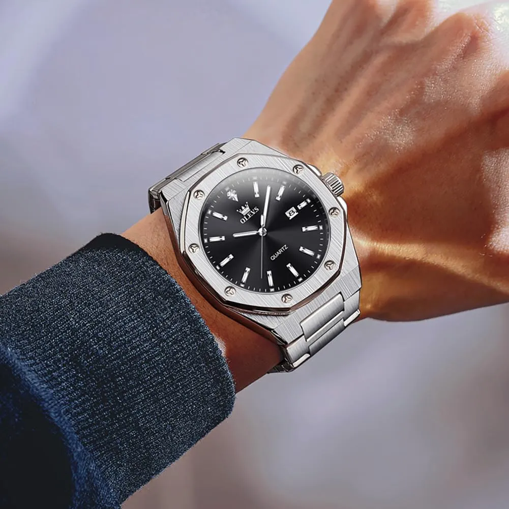 OLEVS Watches for Men Stainless Steel Business Dress Large Easy to Read Analog Watch Waterproof Luminous Casual Luxury Men Watch