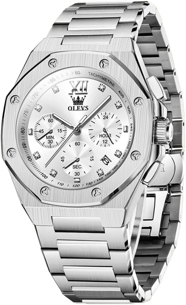OLEVS Watches for Men Stainless Steel Business Dress Large Easy to Read Analog Watch Waterproof Luminous Casual Luxury Men Watch