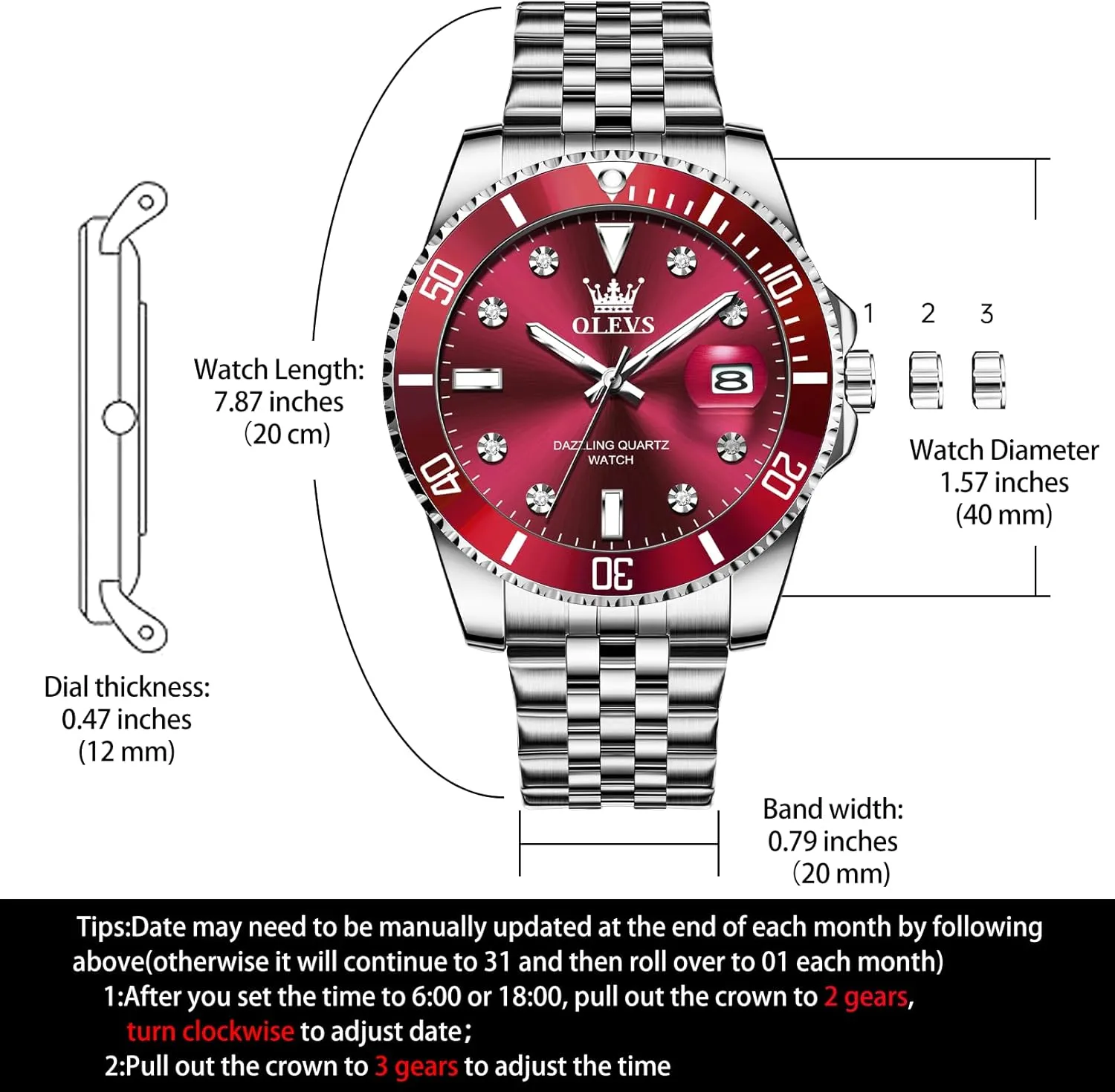 OLEVS Watches for Mens Stainless Steel Dress Mens Watches with Date Luxury Diamond Big Face Waterproof Blue/Black/Green/Gold/Red Dial Relojes para Hombres