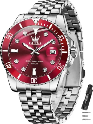 OLEVS Watches for Mens Stainless Steel Dress Mens Watches with Date Luxury Diamond Big Face Waterproof Blue/Black/Green/Gold/Red Dial Relojes para Hombres