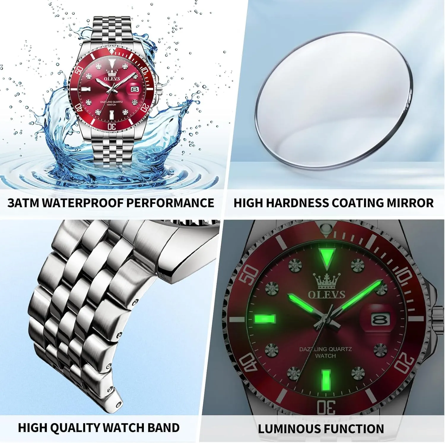 OLEVS Watches for Mens Stainless Steel Dress Mens Watches with Date Luxury Diamond Big Face Waterproof Blue/Black/Green/Gold/Red Dial Relojes para Hombres