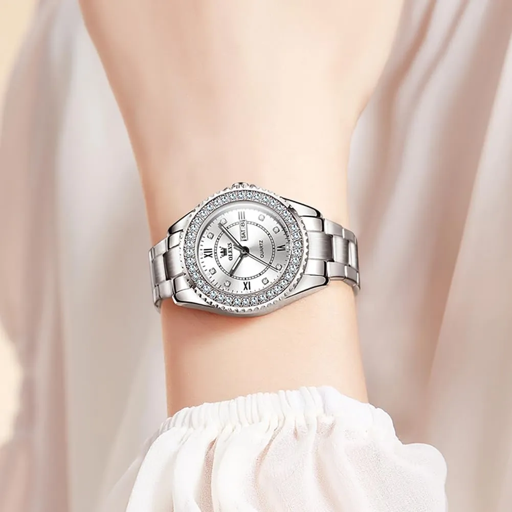 OLEVS Watches for Women Diamond with Date Luxury Leather Female Waterproof Women Wrist Watch Analog Dress Stainless Steel Ladies Watch Luminous Calendar Women Watch Green/Silver/Red Dial