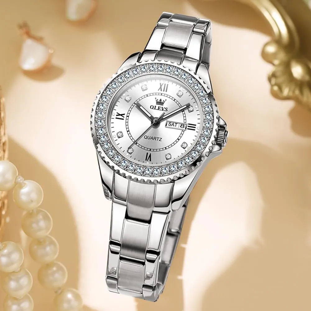 OLEVS Watches for Women Diamond with Date Luxury Leather Female Waterproof Women Wrist Watch Analog Dress Stainless Steel Ladies Watch Luminous Calendar Women Watch Green/Silver/Red Dial
