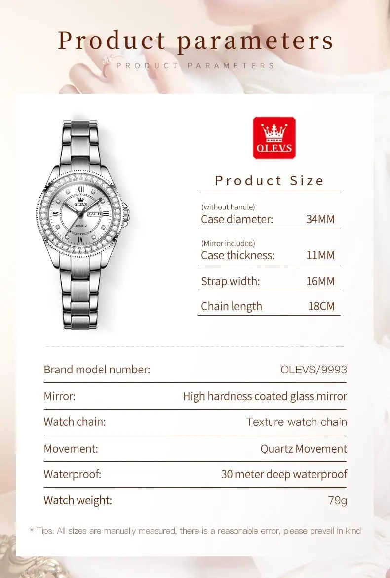 OLEVS Watches for Women Diamond with Date Luxury Leather Female Waterproof Women Wrist Watch Analog Dress Stainless Steel Ladies Watch Luminous Calendar Women Watch Green/Silver/Red Dial