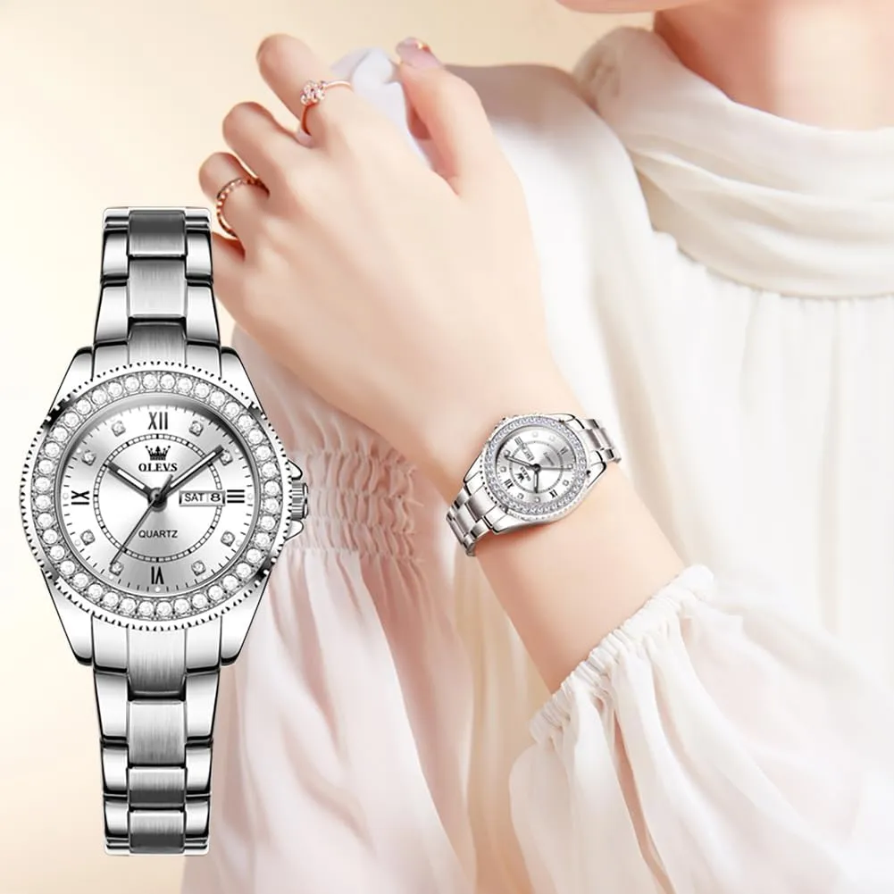 OLEVS Watches for Women Diamond with Date Luxury Leather Female Waterproof Women Wrist Watch Analog Dress Stainless Steel Ladies Watch Luminous Calendar Women Watch Green/Silver/Red Dial
