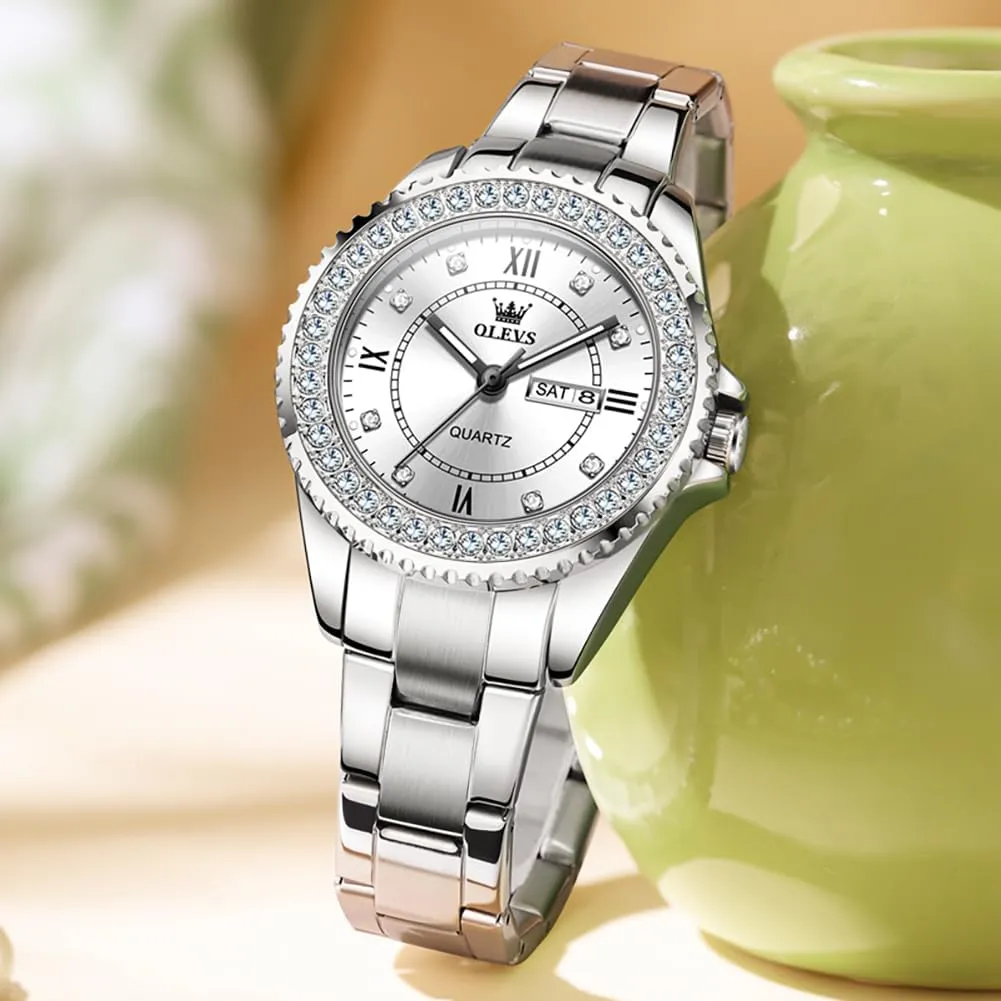 OLEVS Watches for Women Diamond with Date Luxury Leather Female Waterproof Women Wrist Watch Analog Dress Stainless Steel Ladies Watch Luminous Calendar Women Watch Green/Silver/Red Dial