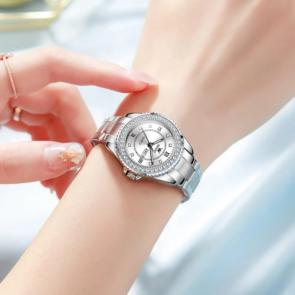 OLEVS Watches for Women Diamond with Date Luxury Leather Female Waterproof Women Wrist Watch Analog Dress Stainless Steel Ladies Watch Luminous Calendar Women Watch Green/Silver/Red Dial