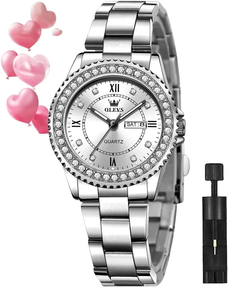 OLEVS Watches for Women Diamond with Date Luxury Leather Female Waterproof Women Wrist Watch Analog Dress Stainless Steel Ladies Watch Luminous Calendar Women Watch Green/Silver/Red Dial