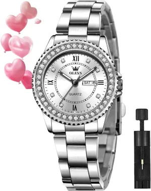 OLEVS Watches for Women Diamond with Date Luxury Leather Female Waterproof Women Wrist Watch Analog Dress Stainless Steel Ladies Watch Luminous Calendar Women Watch Green/Silver/Red Dial