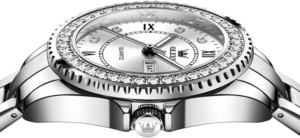 OLEVS Watches for Women Diamond with Date Luxury Leather Female Waterproof Women Wrist Watch Analog Dress Stainless Steel Ladies Watch Luminous Calendar Women Watch Green/Silver/Red Dial